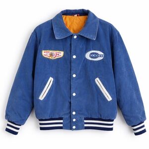 Vintage Blue Corduroy Varsity Jacket Medium Snap Front Worn-In Fade